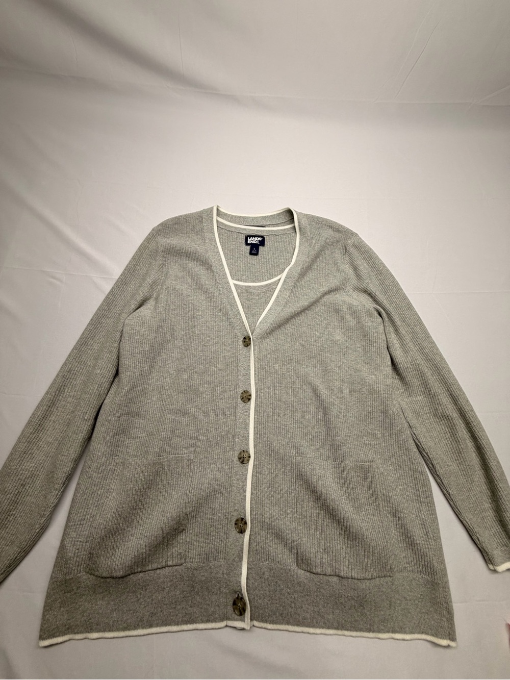 Lands’ End Gray Cotton Cardigan & Shell Twin Set White Trim Size L